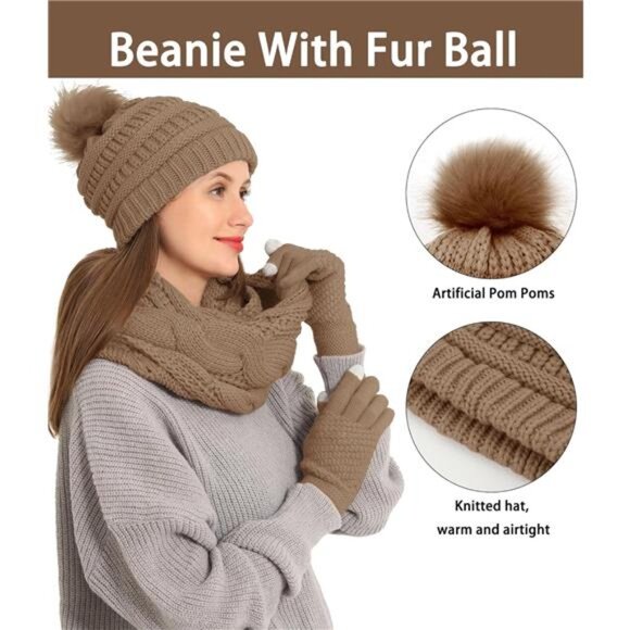 3pcs Women's Winter Beanie Hat Scarf and Touch Screen Gloves Set - Picture 2 of 5